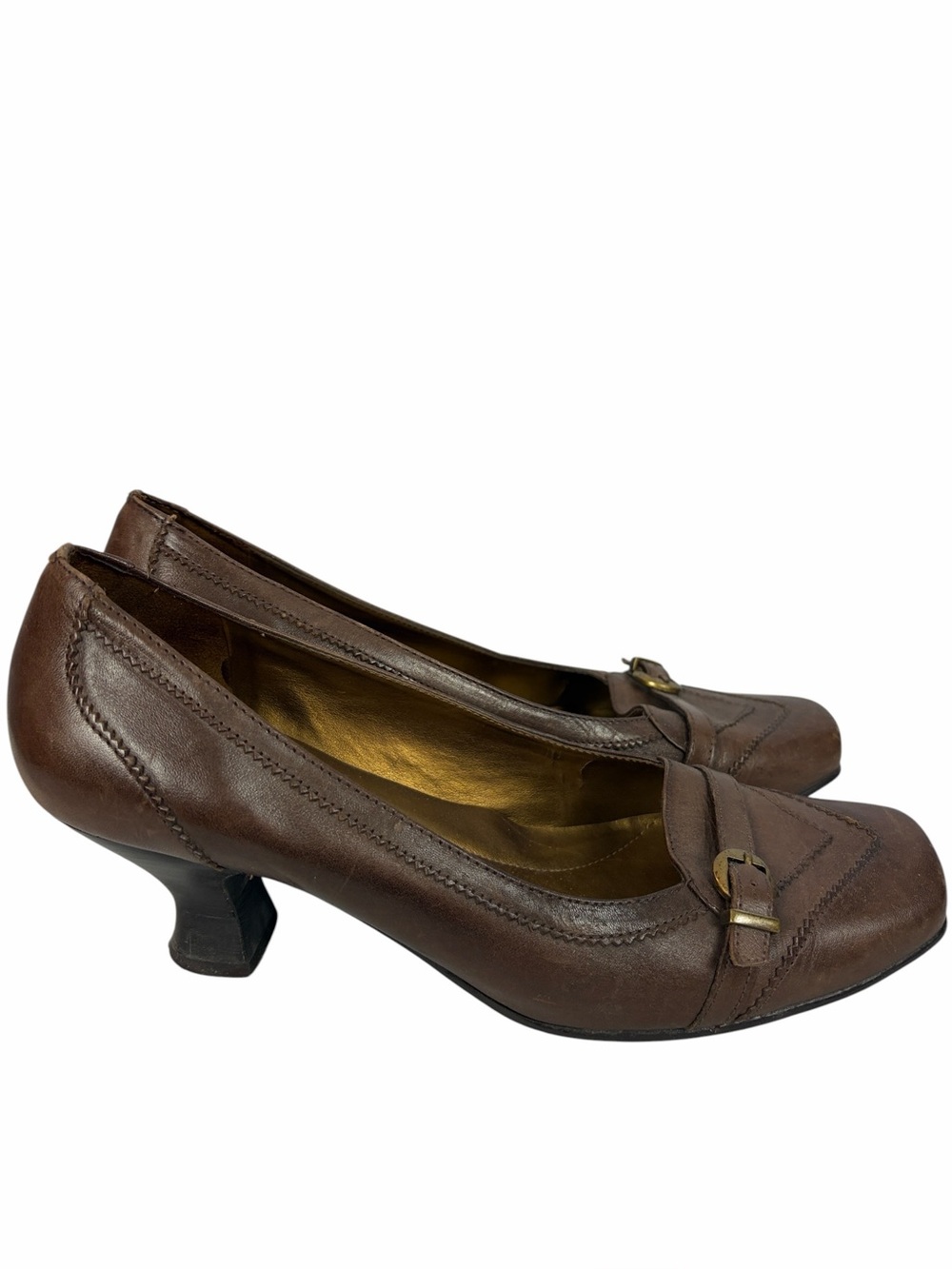 Naturalizer Brown Leather Kitten Heel Pumps Buckle Accent Square Toe Size 9W